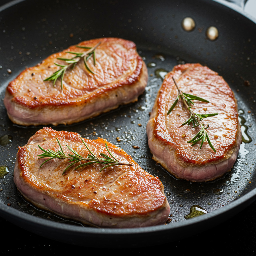 Escalopes de dinde en train de cuire à la poêle