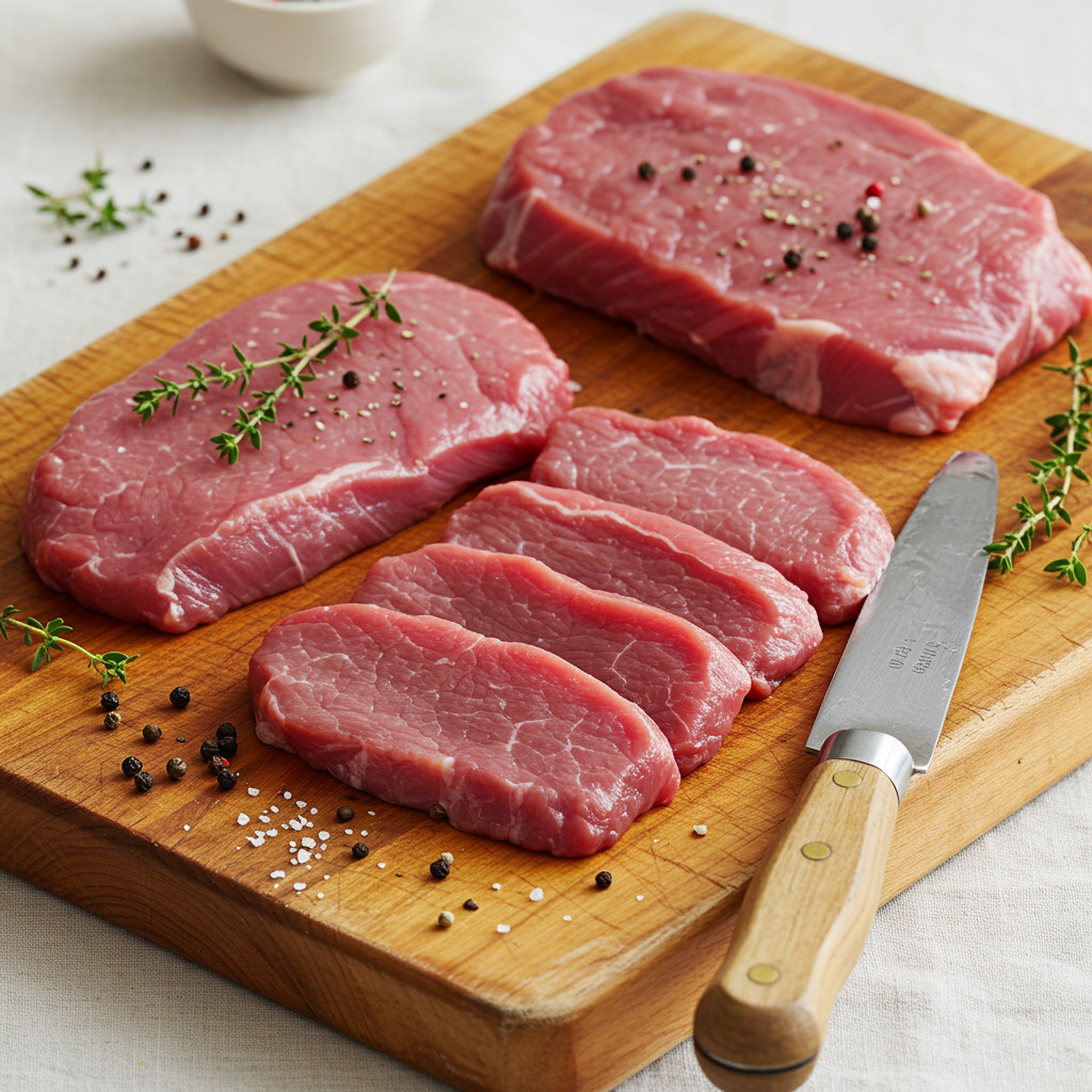 Escalopes de veau fraîches sur une planche à découper