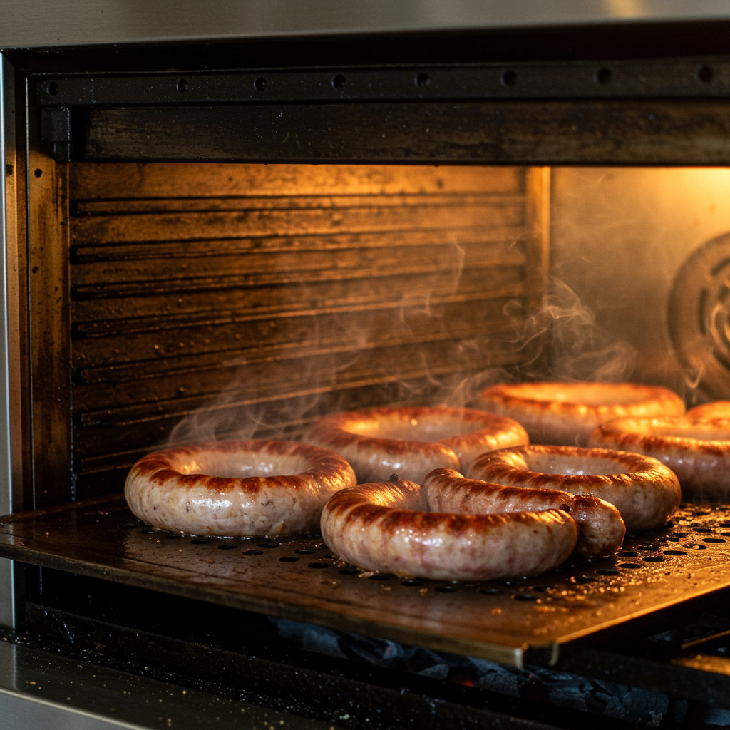 Saucisses de Toulouse cuisant dans un four