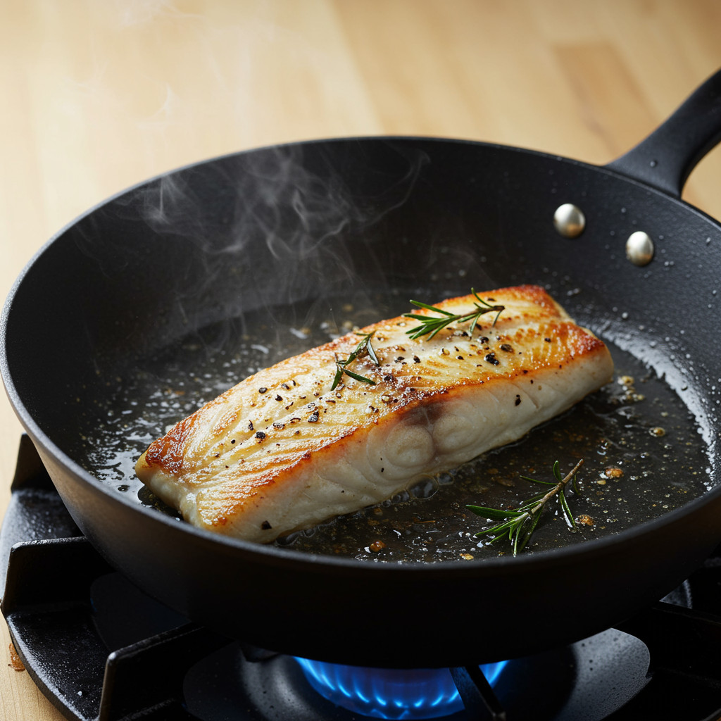 Filet de truite en train de cuire à la poêle