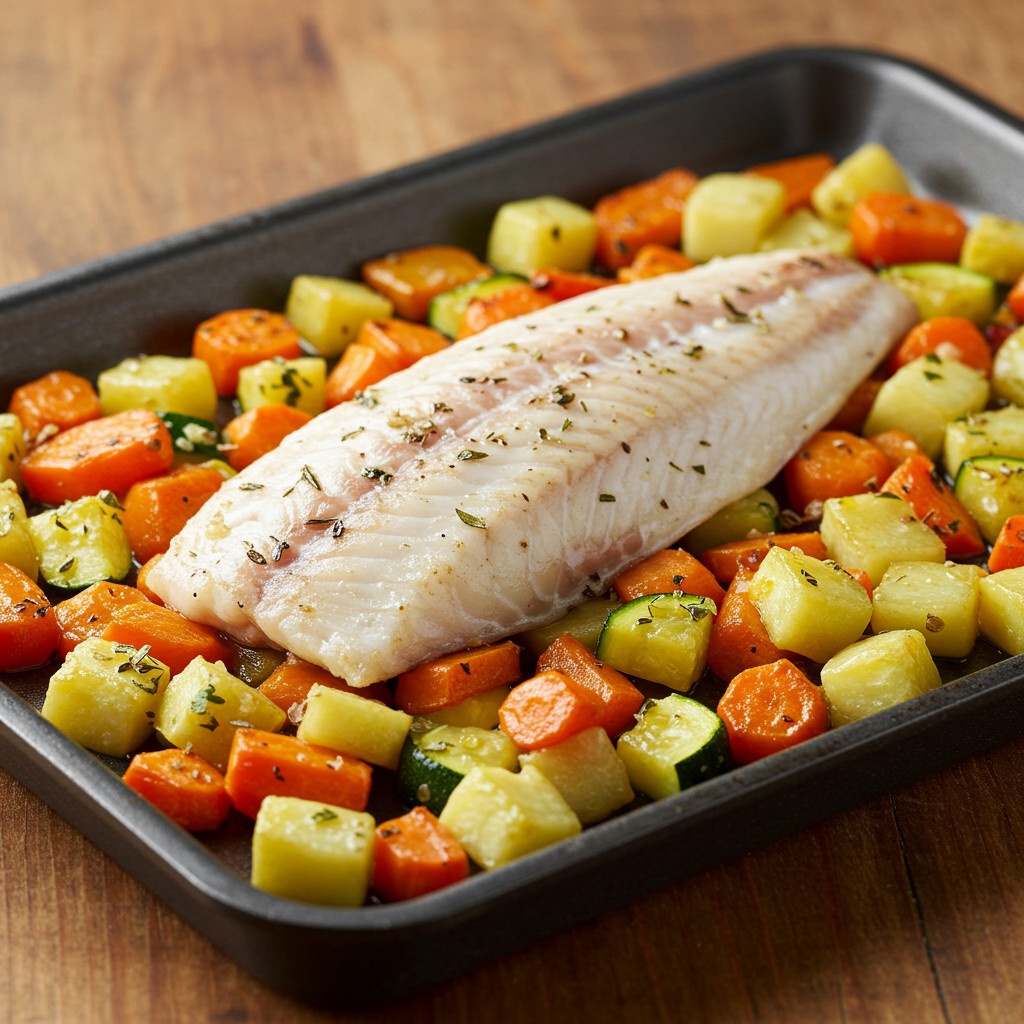 Filet de truite en train de cuire au four avec des légumes