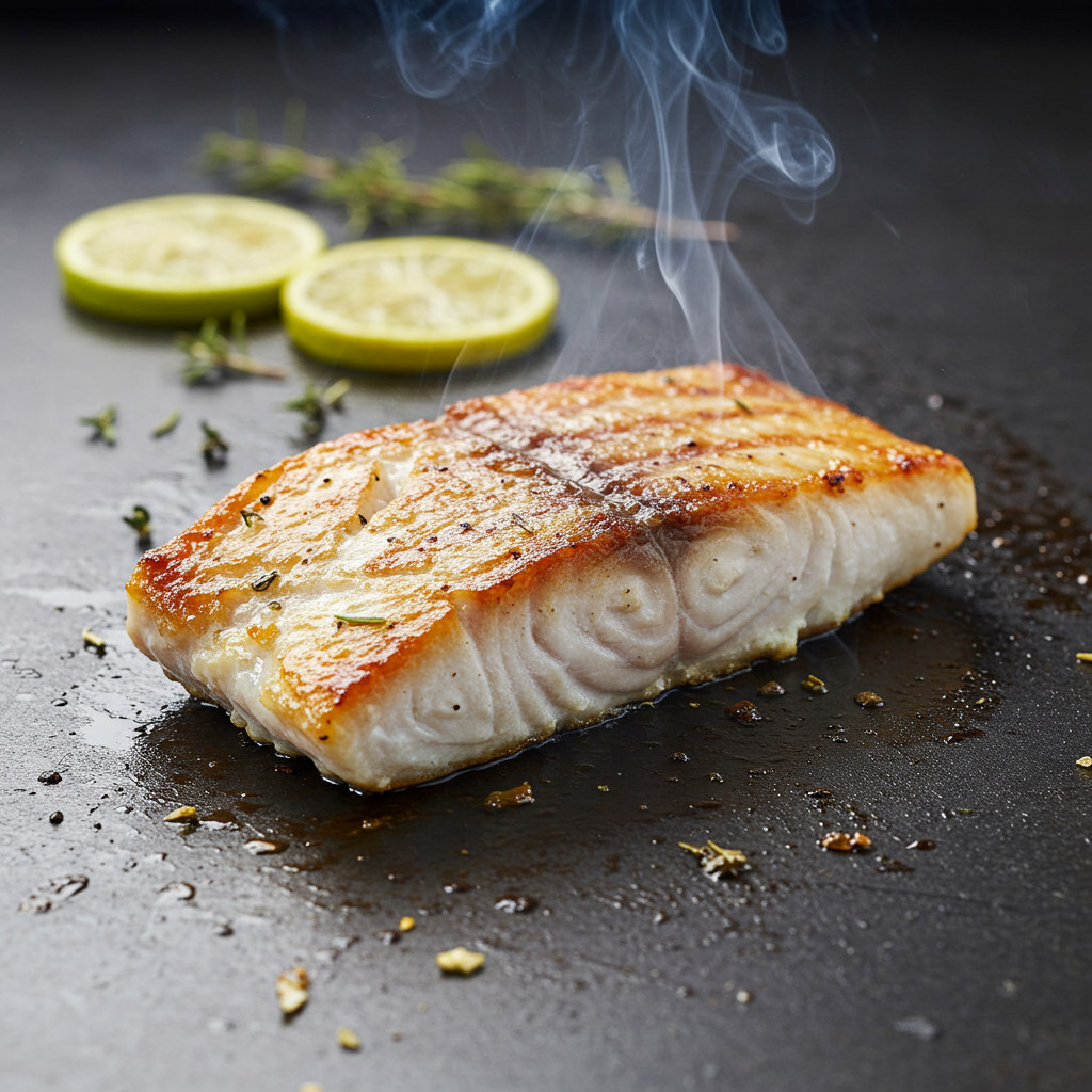 Filet de truite en train de griller sur une plancha