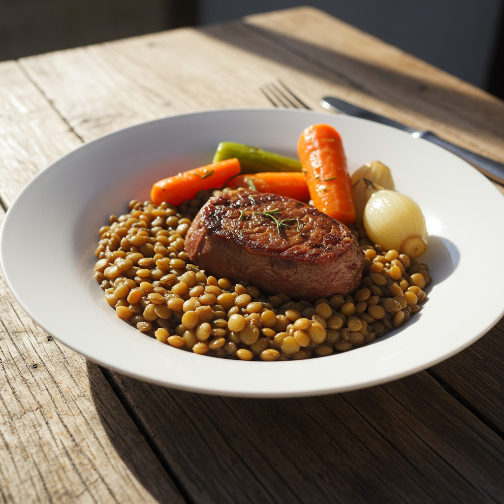 Illustration d'un plat de petit salé aux lentilles prêt à être dégusté
