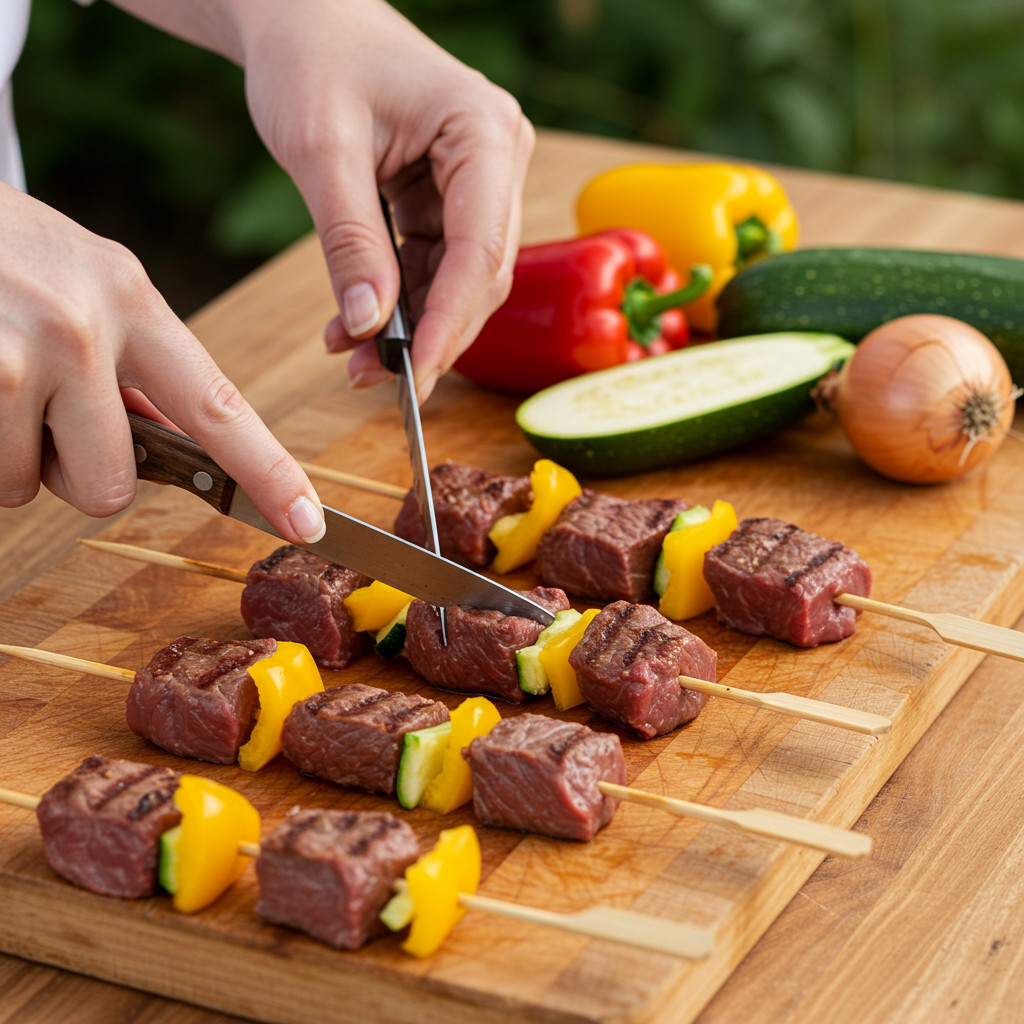 Préparation et enfilage des brochettes de boeuf