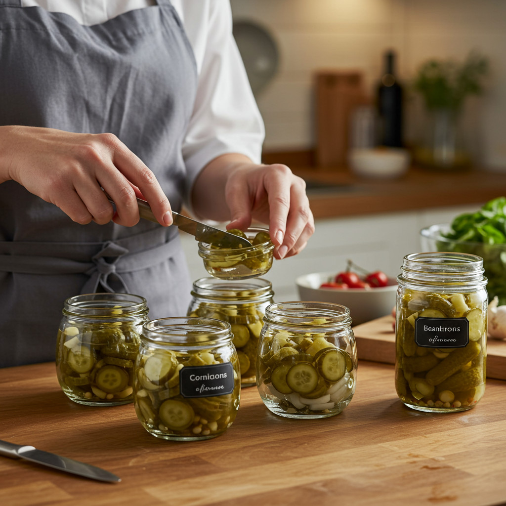 Remplissage des bocaux avec cornichons et saumure