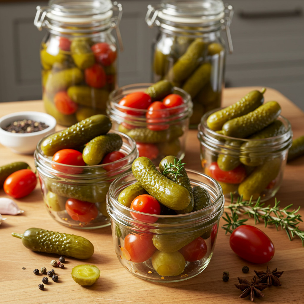 Bocaux de cornichons maison prêts à être dégustés