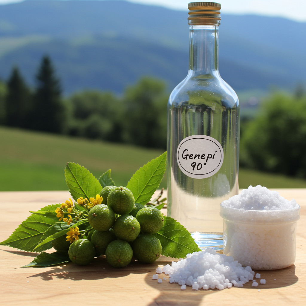 Ingrédients pour le Génépi maison : brins, alcool, sucre