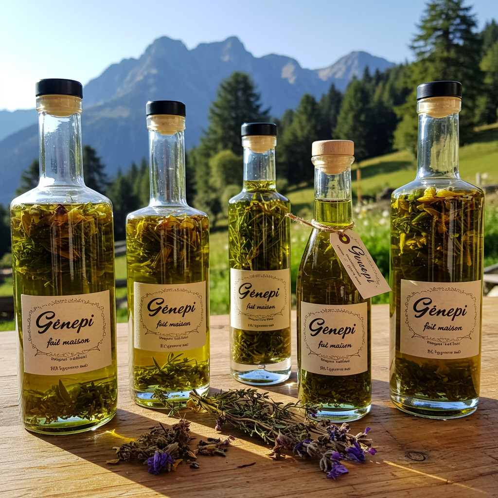 Bouteilles de Génépi fait maison prêtes à déguster