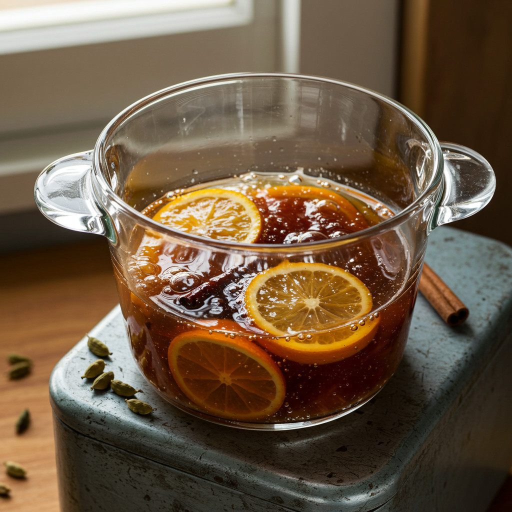 Sirop en cuisson avec zestes