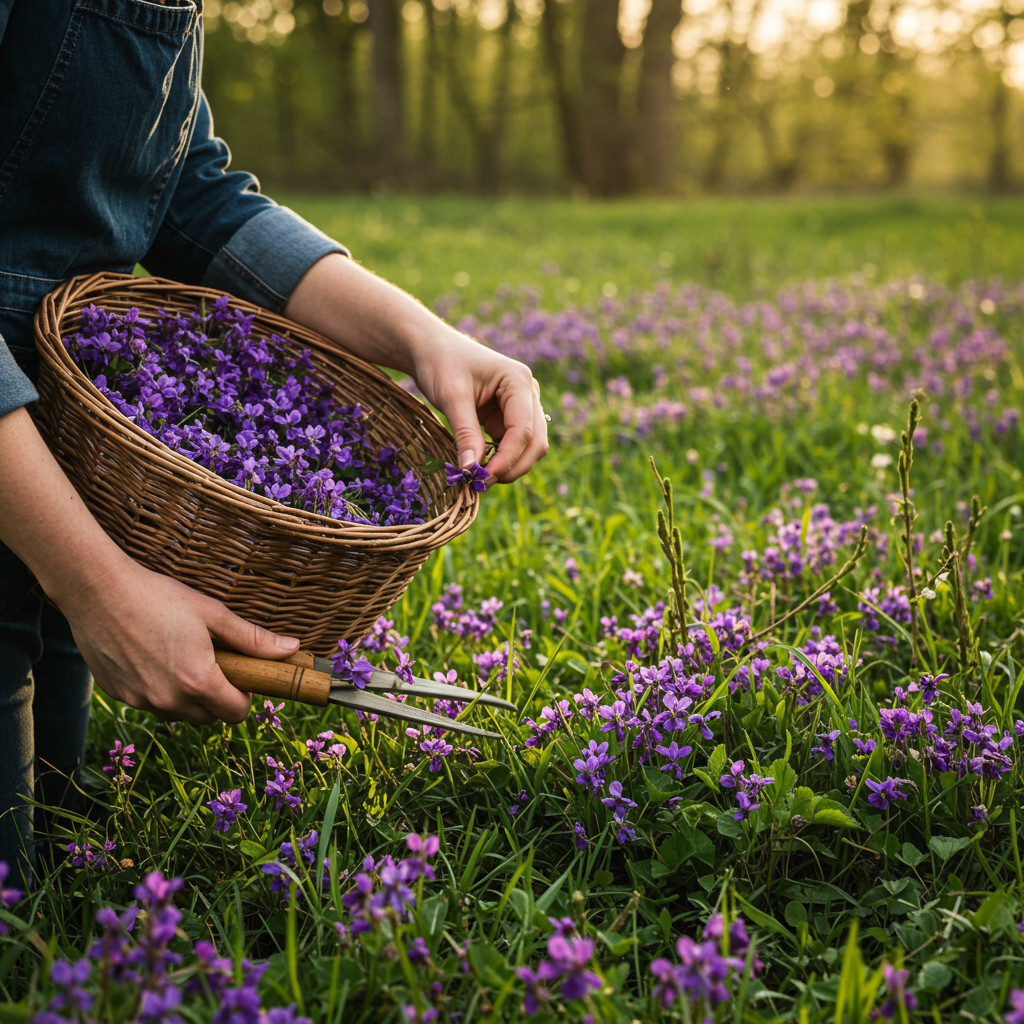 Cueillette des violettes fraîches