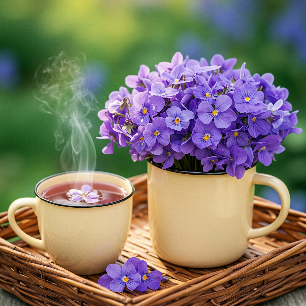 Infusion des fleurs de violettes dans l'eau chaude