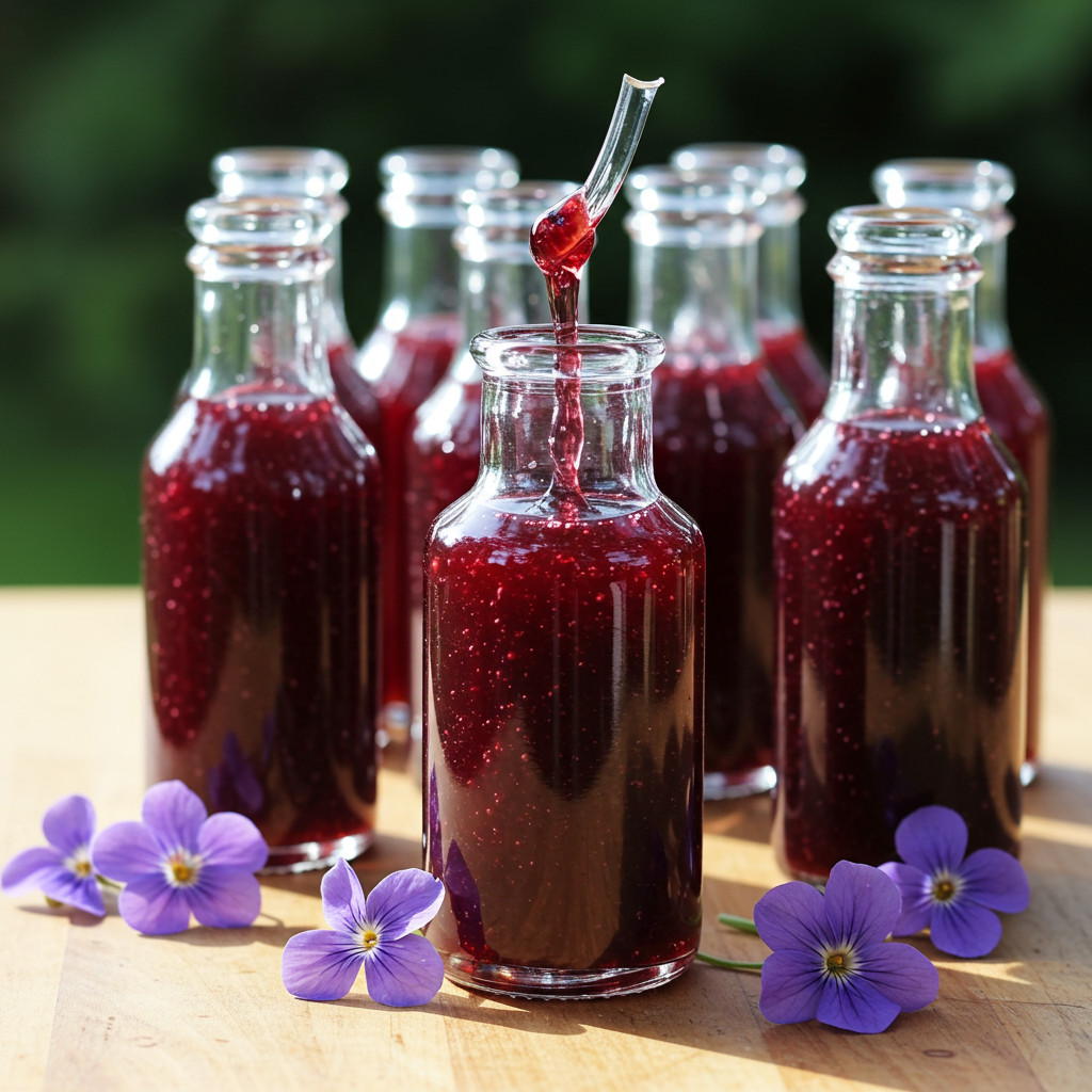 Sirop de violette dans des bouteilles stérilisées