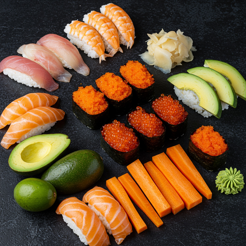 Garnitures de sushis coupées et prêtes