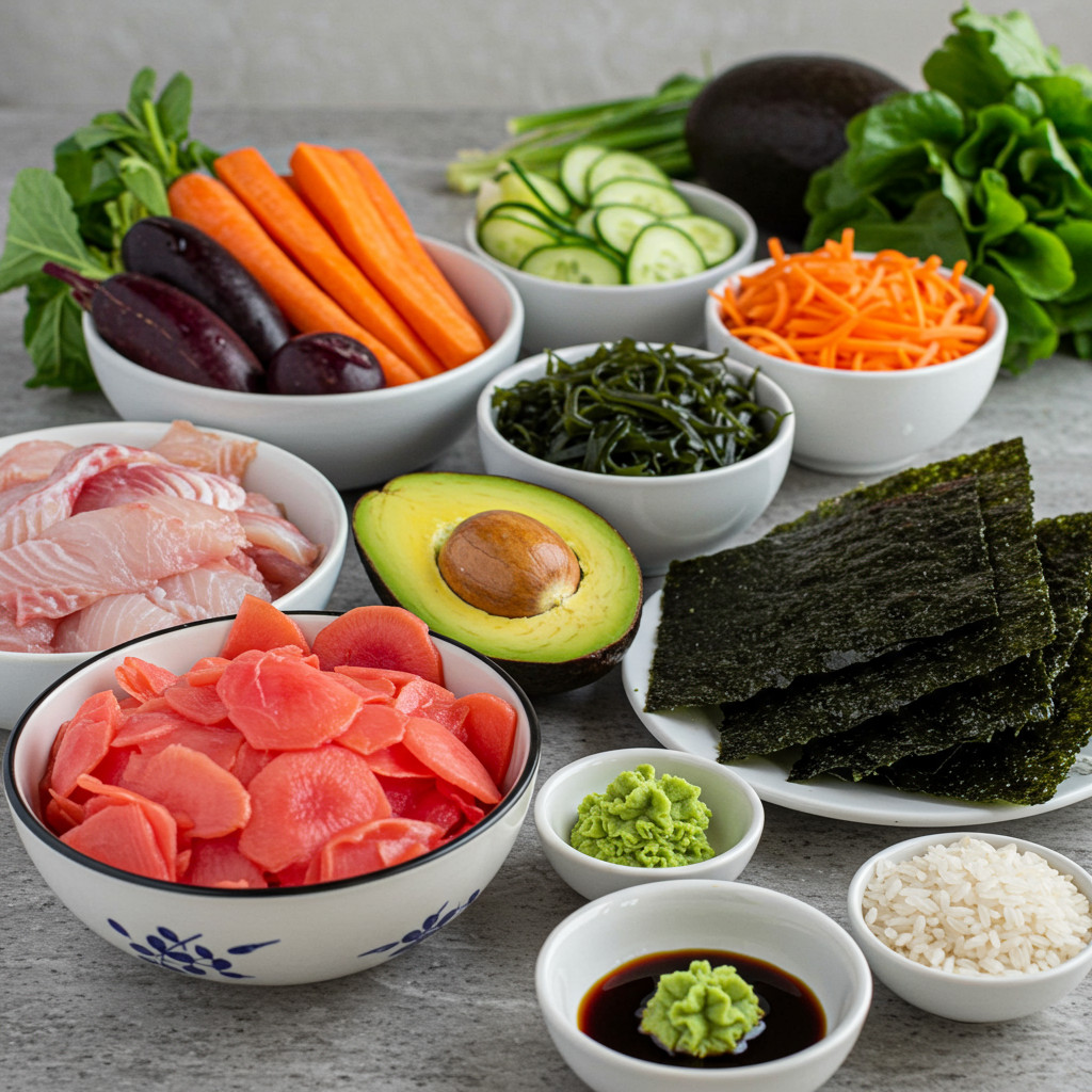 Ingrédients frais et variés pour sushis maison