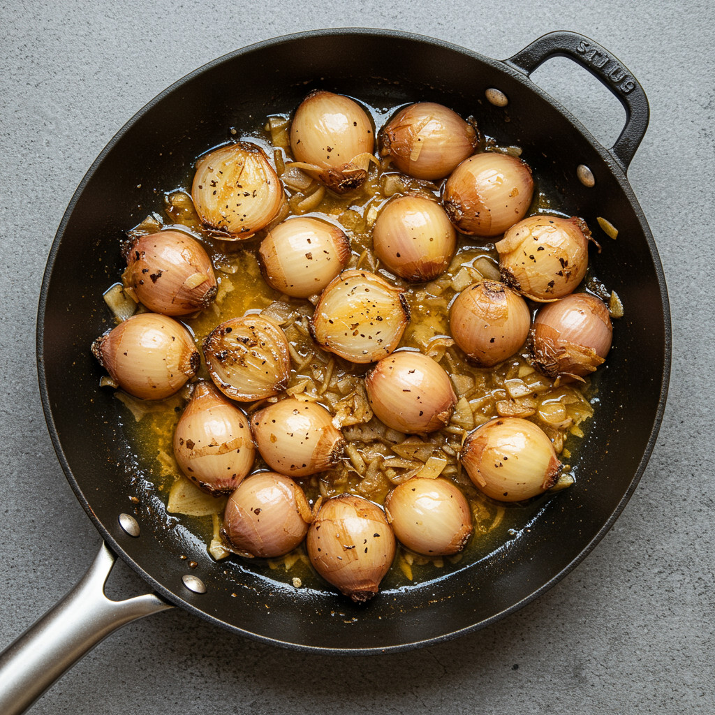 Oignons et ail dans une poêle