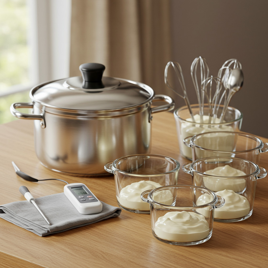 Matériel de préparation du yaourt : casserole, thermomètre, pots