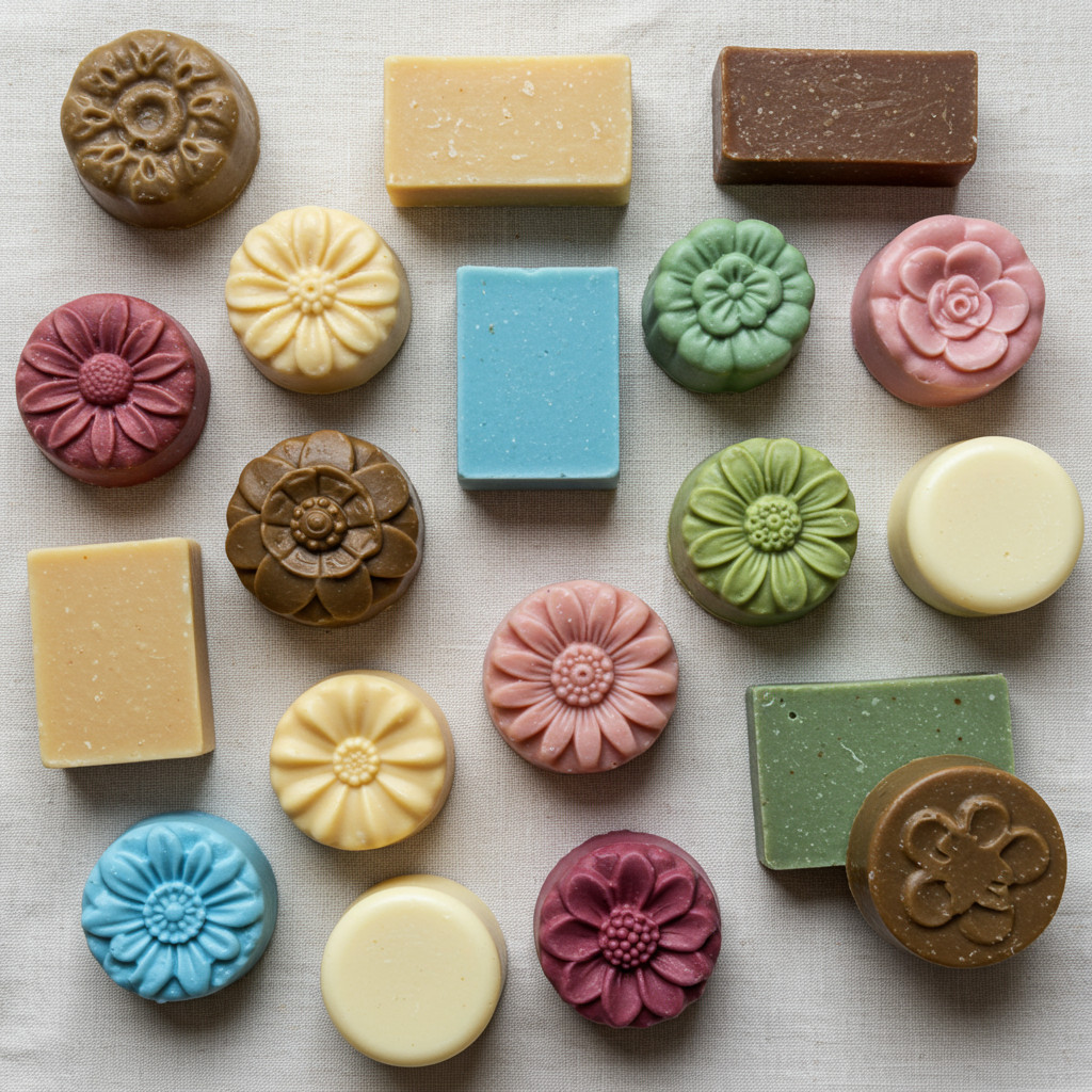 Assortiment de savons faits maison de différentes couleurs et formes