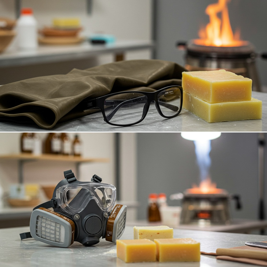 Équipement de sécurité pour la fabrication de savon : gants, lunettes, masque