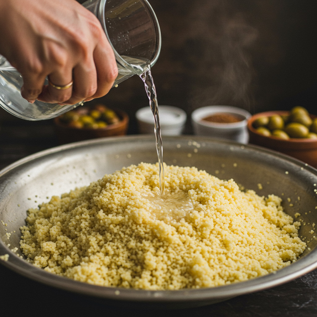 Image de semoule de couscous en train d'être préparée