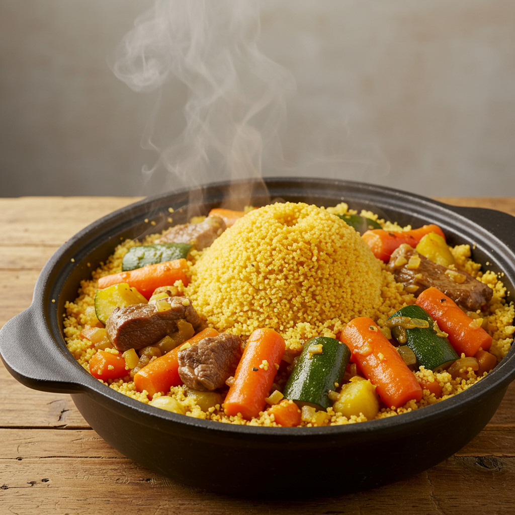 Image de légumes et viande mijotant dans un couscoussier