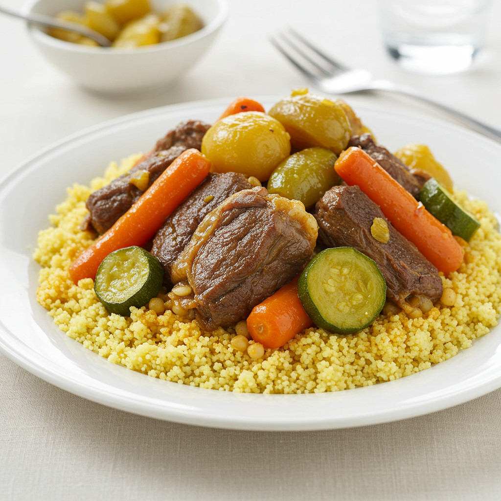 Image d'un couscous royal joliment dressé et prêt à être servi