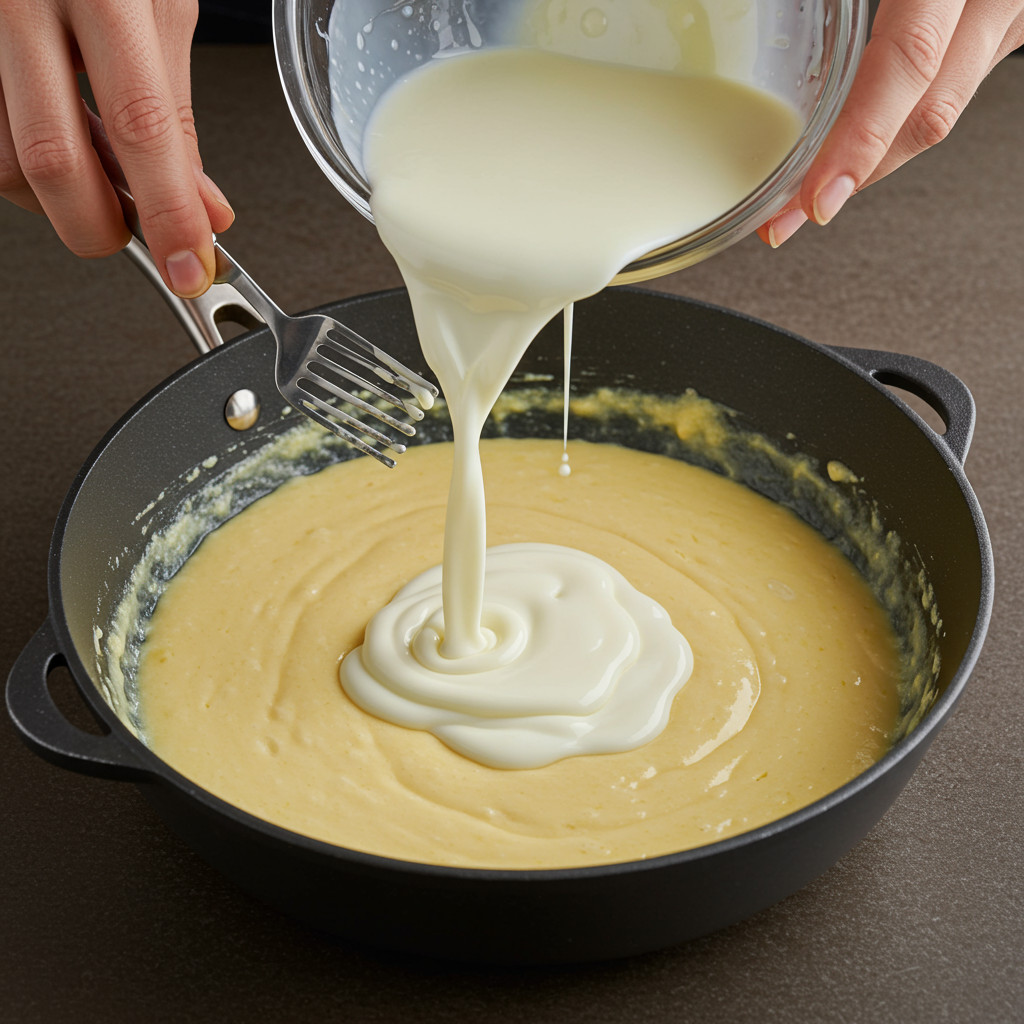 Verser le lait chaud sur le roux en fouettant