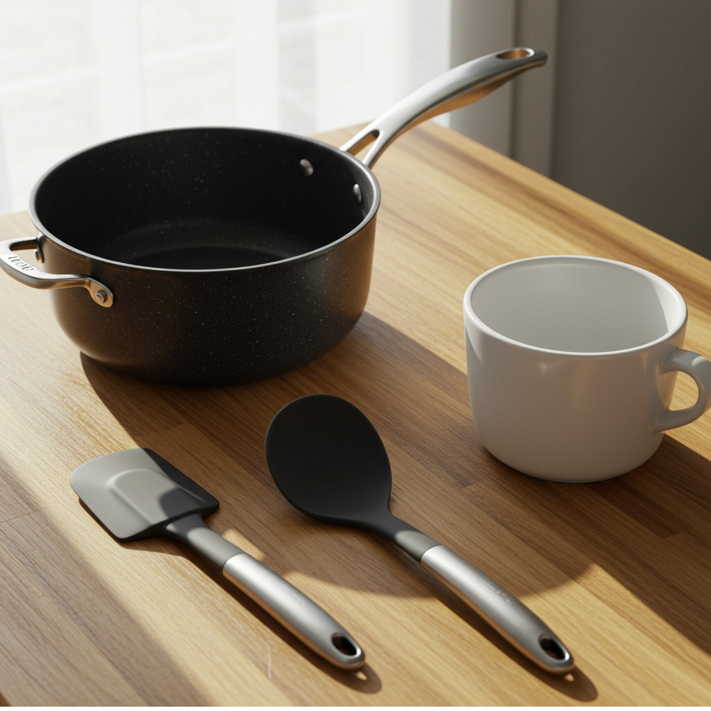 Ustensiles de cuisine : une poêle, un fouet, une spatule et un bol.