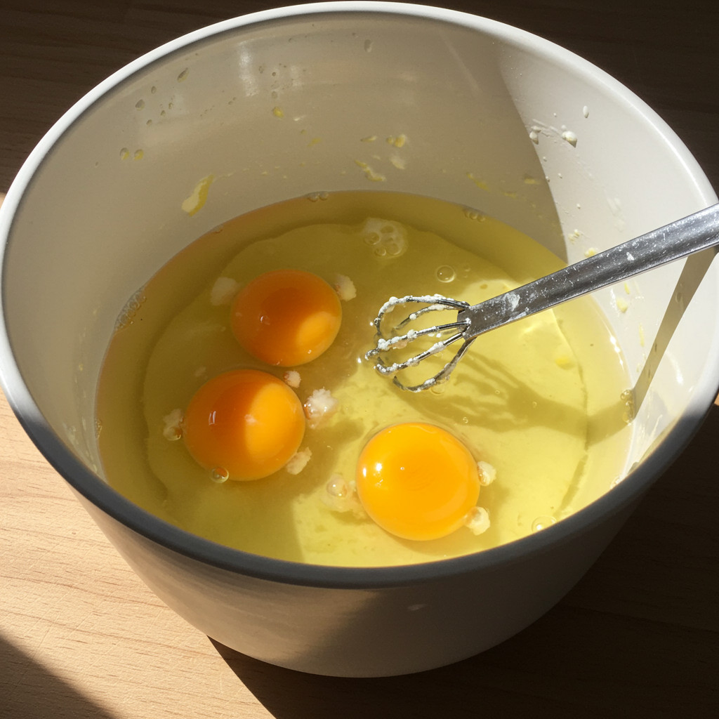 Des œufs cassés dans un bol avec une fourchette, prêts à être battus.