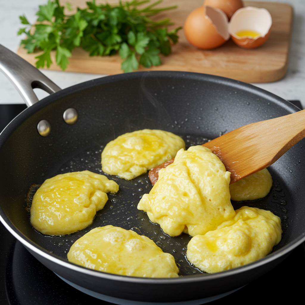 Des œufs brouillés en cours de cuisson dans une poêle, remués avec une spatule.
