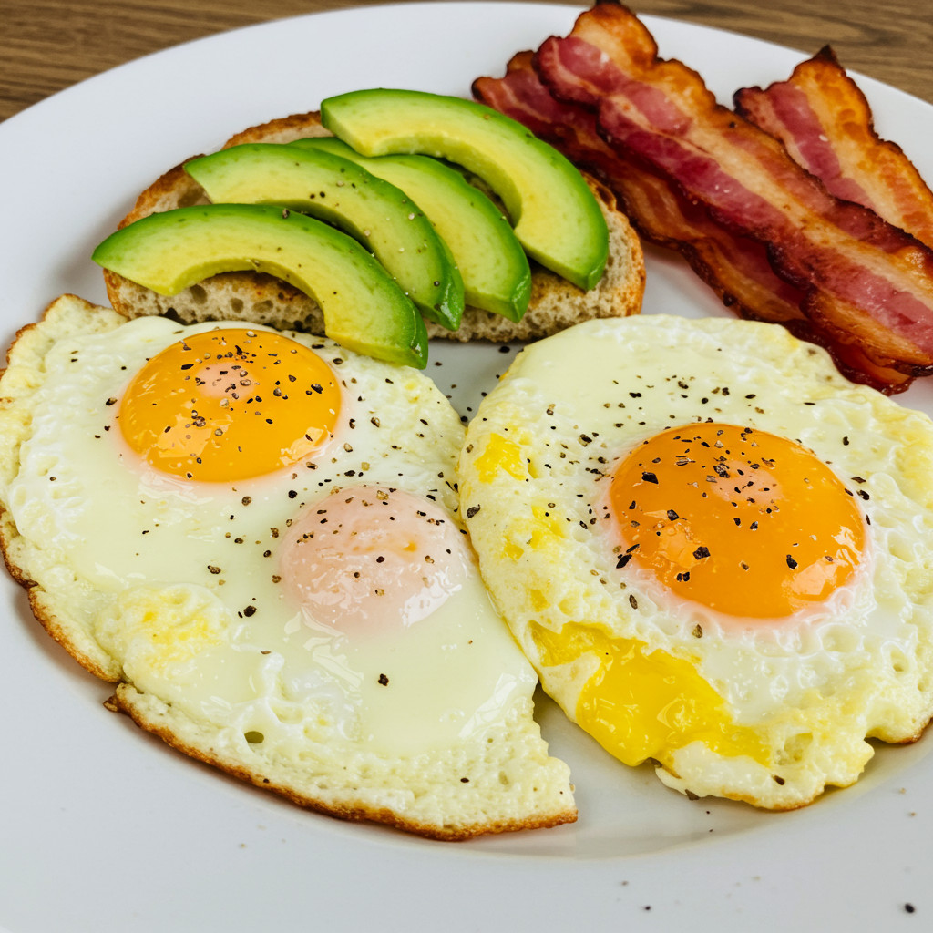 Des œufs brouillés servis avec des toasts, de l'avocat et du bacon.