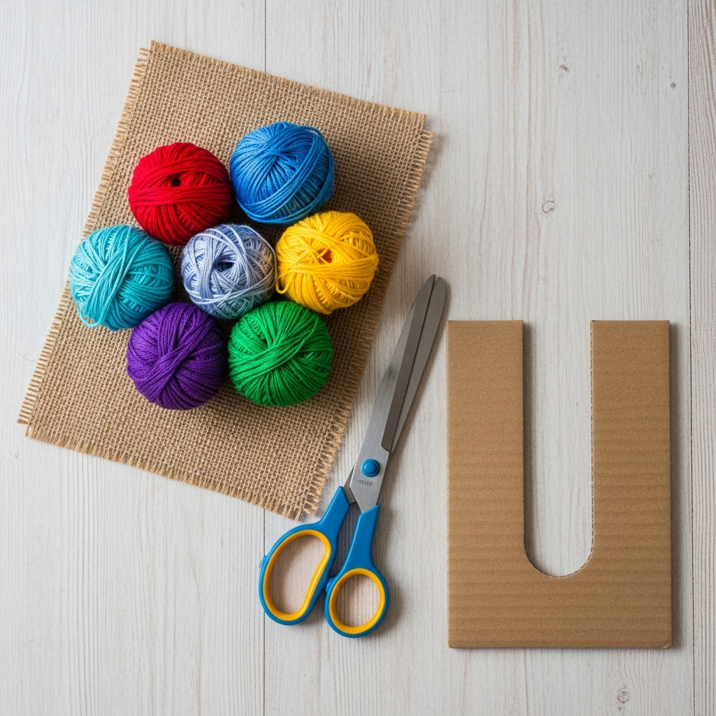 Matériel de base pour faire des pompons: pelotes de laine, ciseaux, carton