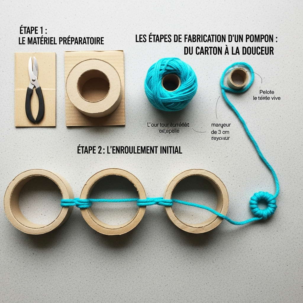 Illustration des étapes de fabrication d'un pompon avec des cercles en carton