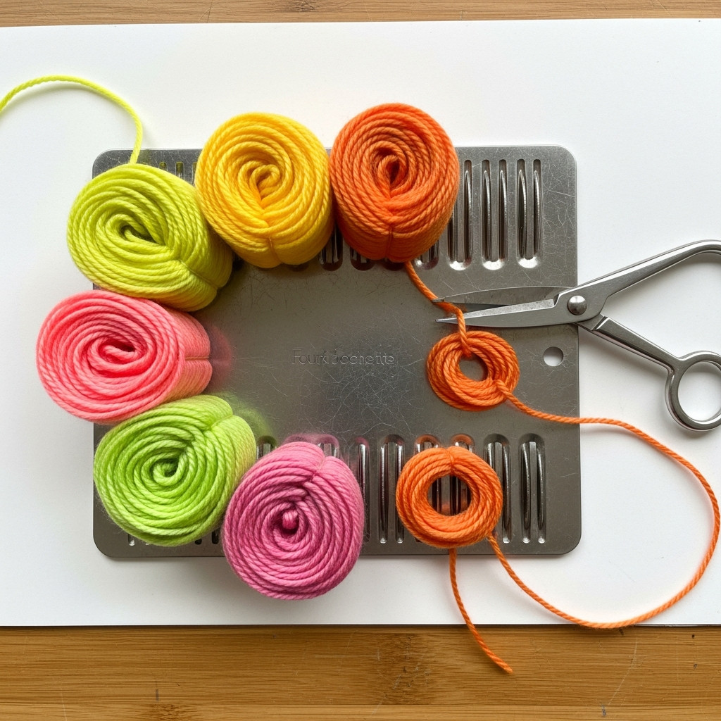 Pompon en cours de réalisation avec une fourchette