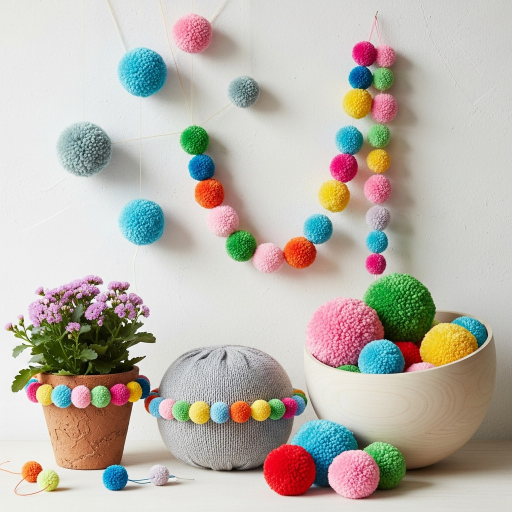 Diverses créations et idées de décoration avec des pompons
