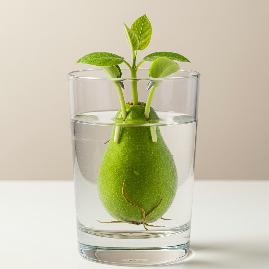 Noyau d'avocat suspendu avec des cure-dents dans un verre d'eau