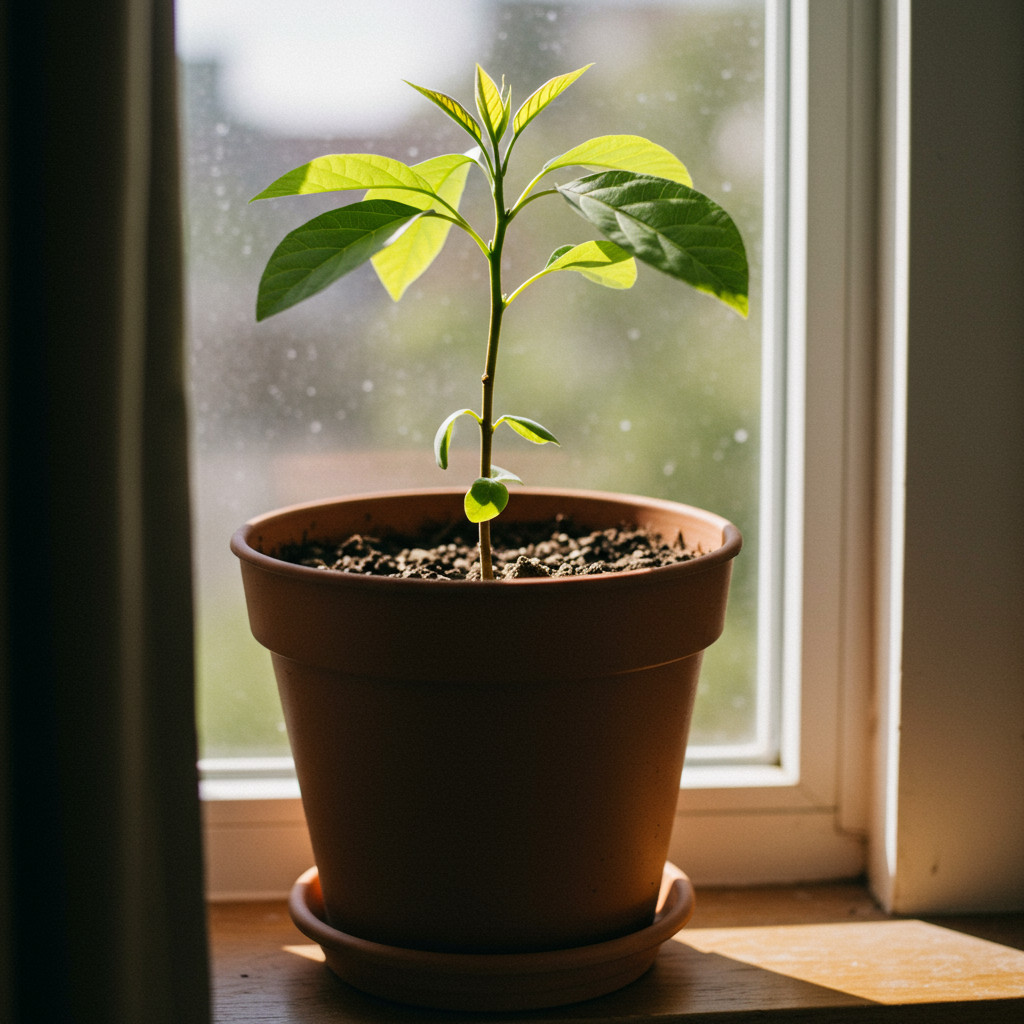 Jeune avocatier en pot recevant de la lumière