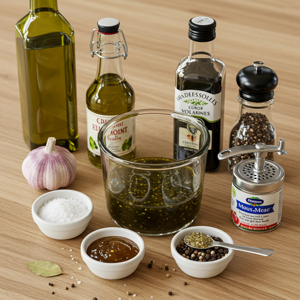 Ingrédients de base pour une vinaigrette : huile, vinaigre, moutarde, sel, poivre