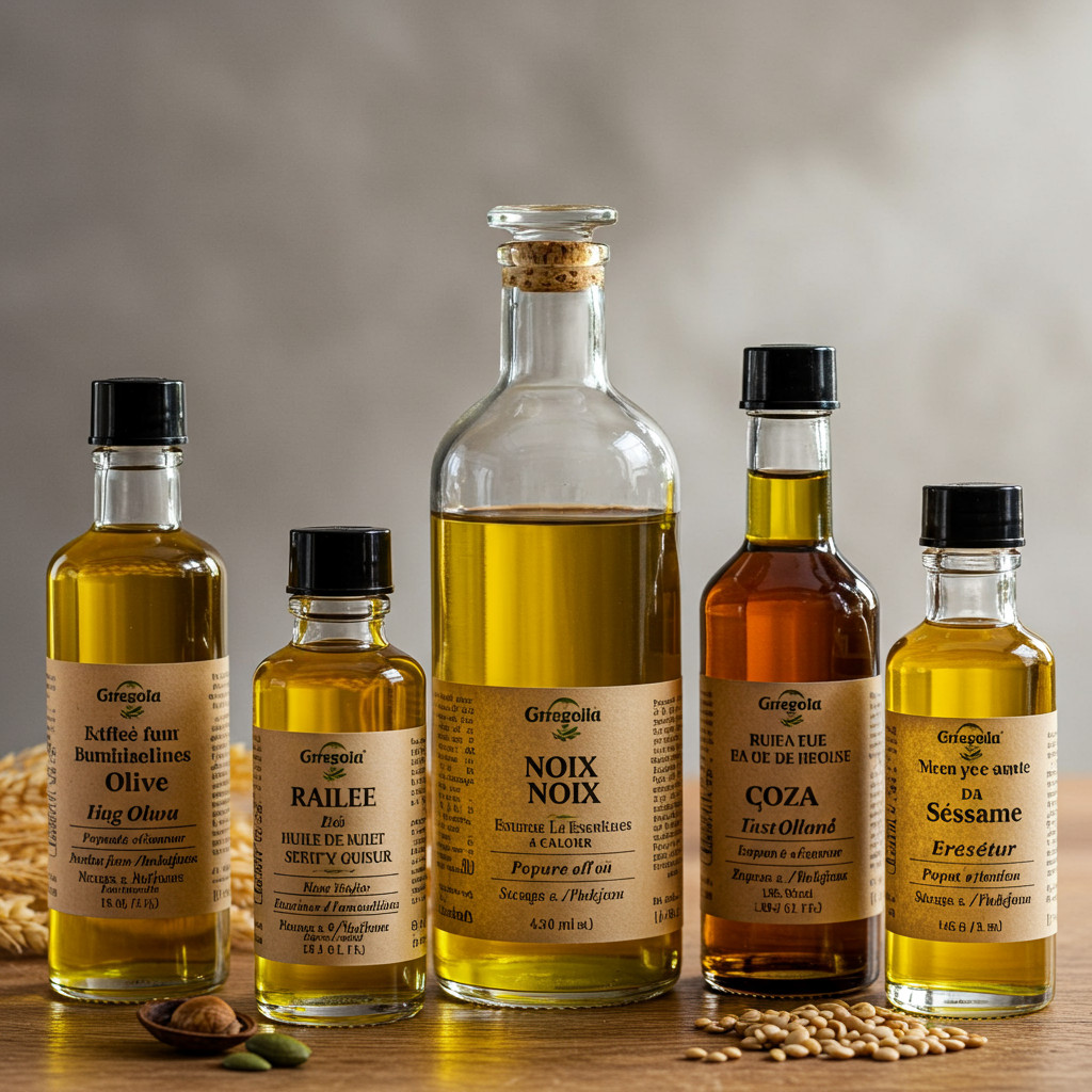 Bouteilles d'huiles variées : olive, noix, colza, sésame