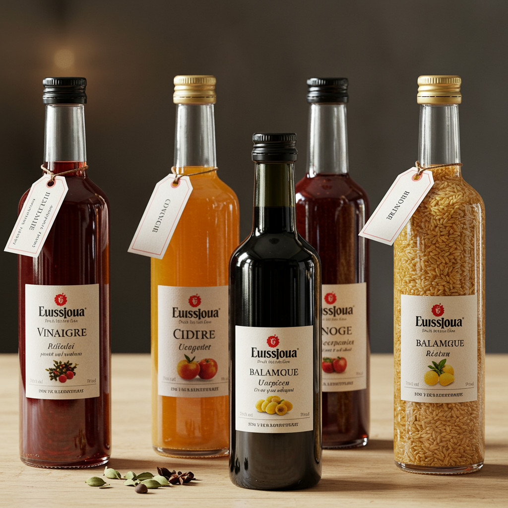 Bouteilles de vinaigres variés : vin, cidre, balsamique, riz