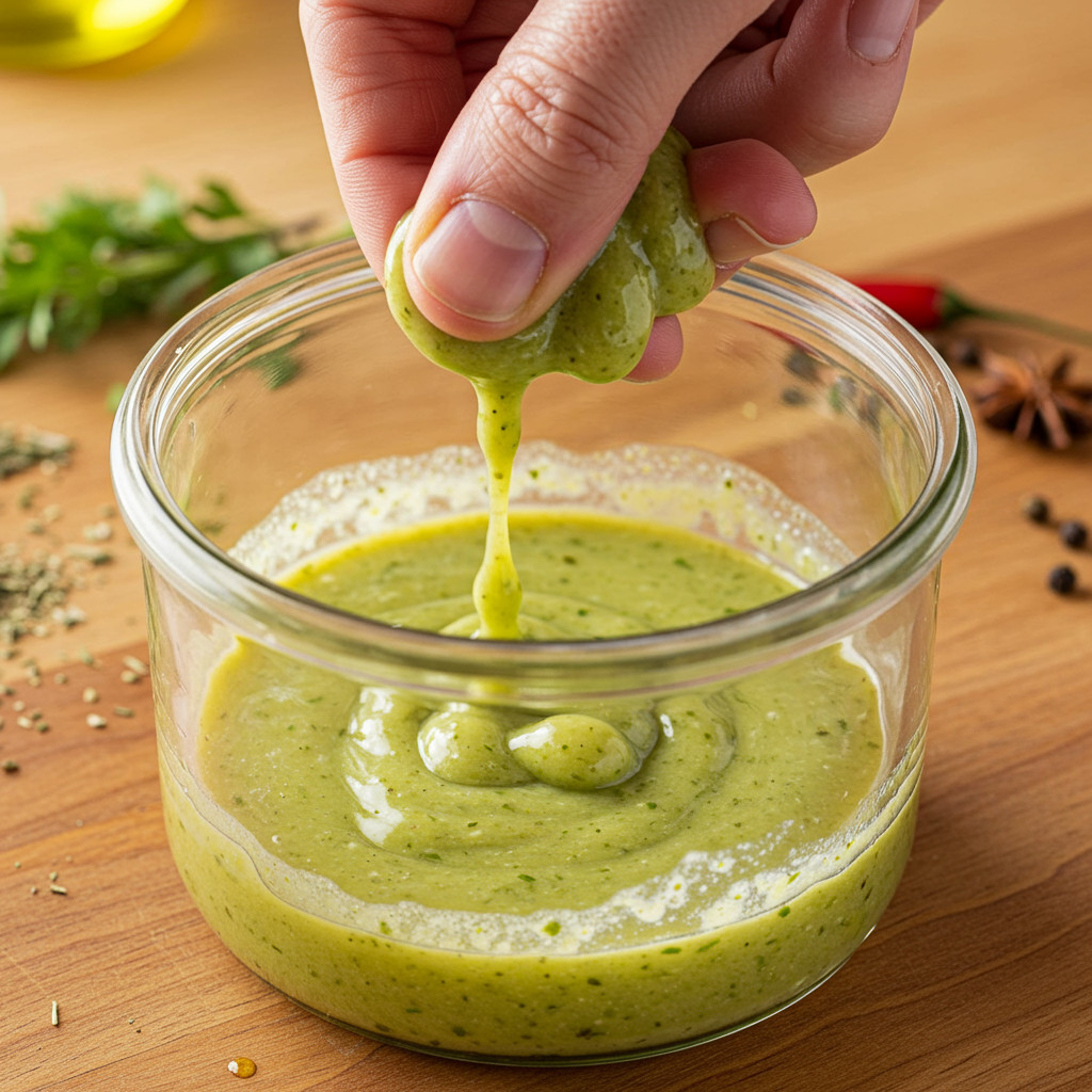 Main fouettant une vinaigrette dans un bol pour créer une émulsion