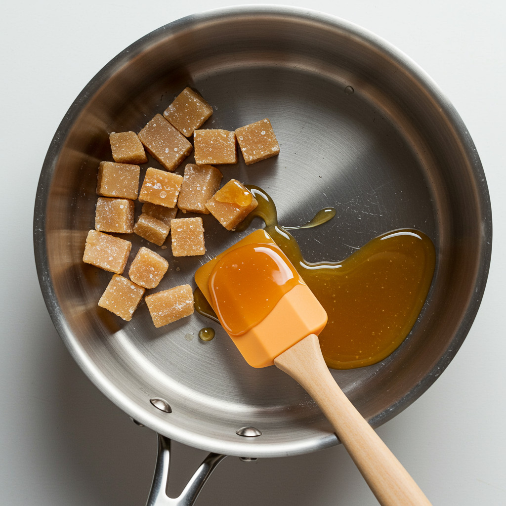 Casserole, sucre, et spatule, le matériel nécessaire pour un caramel à sec