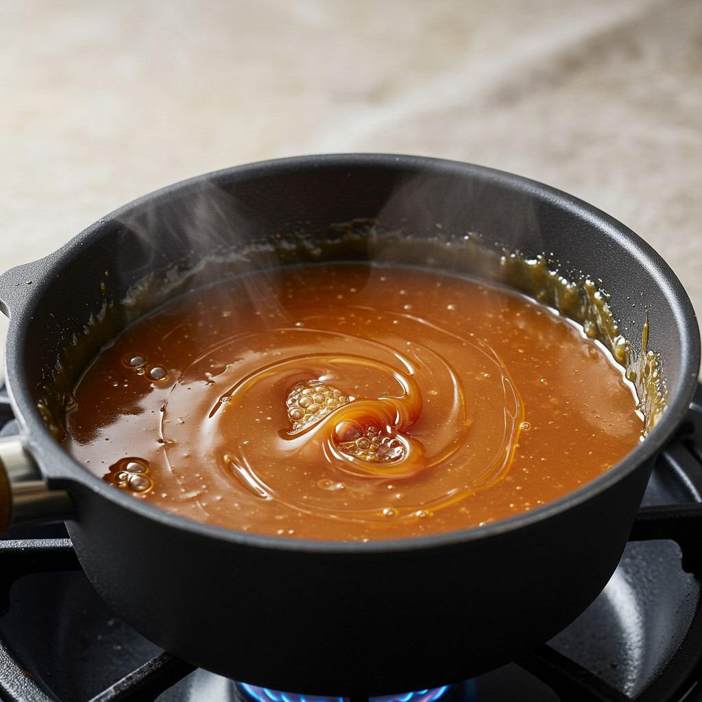 Caramel à sec en train de fondre et de dorer dans une casserole