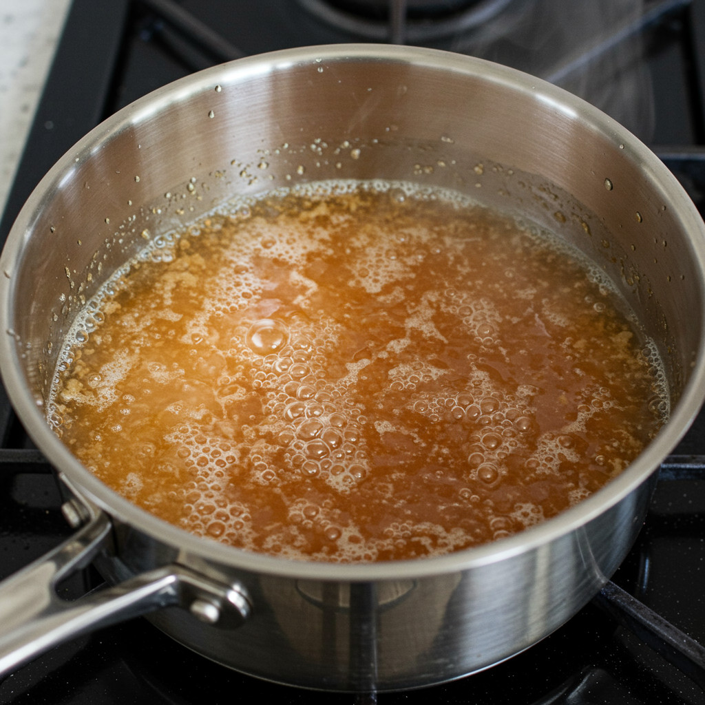 Mélange de sucre et d'eau dans une casserole pour un caramel à l'eau