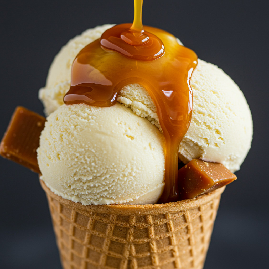 Glace vanille nappée de sauce caramel liquide