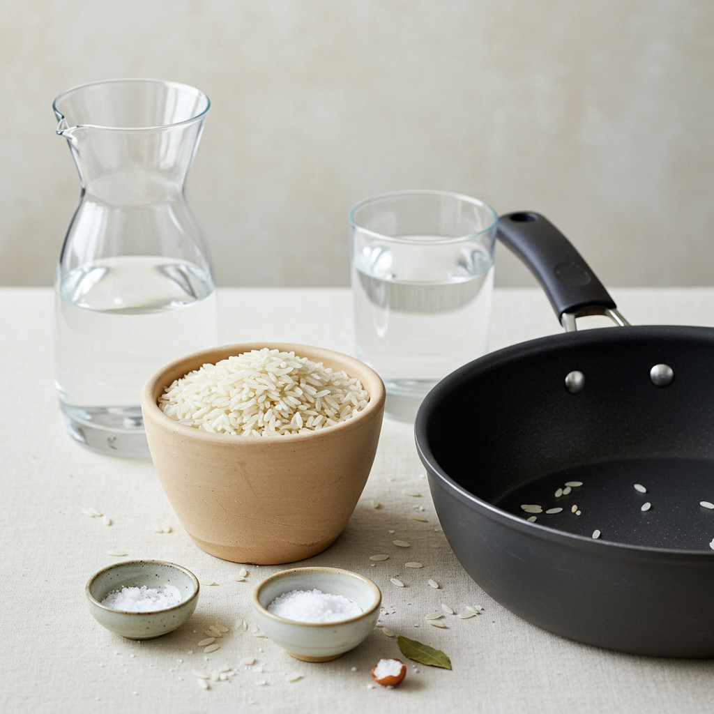 Ingrédients et matériel pour cuire le riz : riz, eau, sel, casserole.