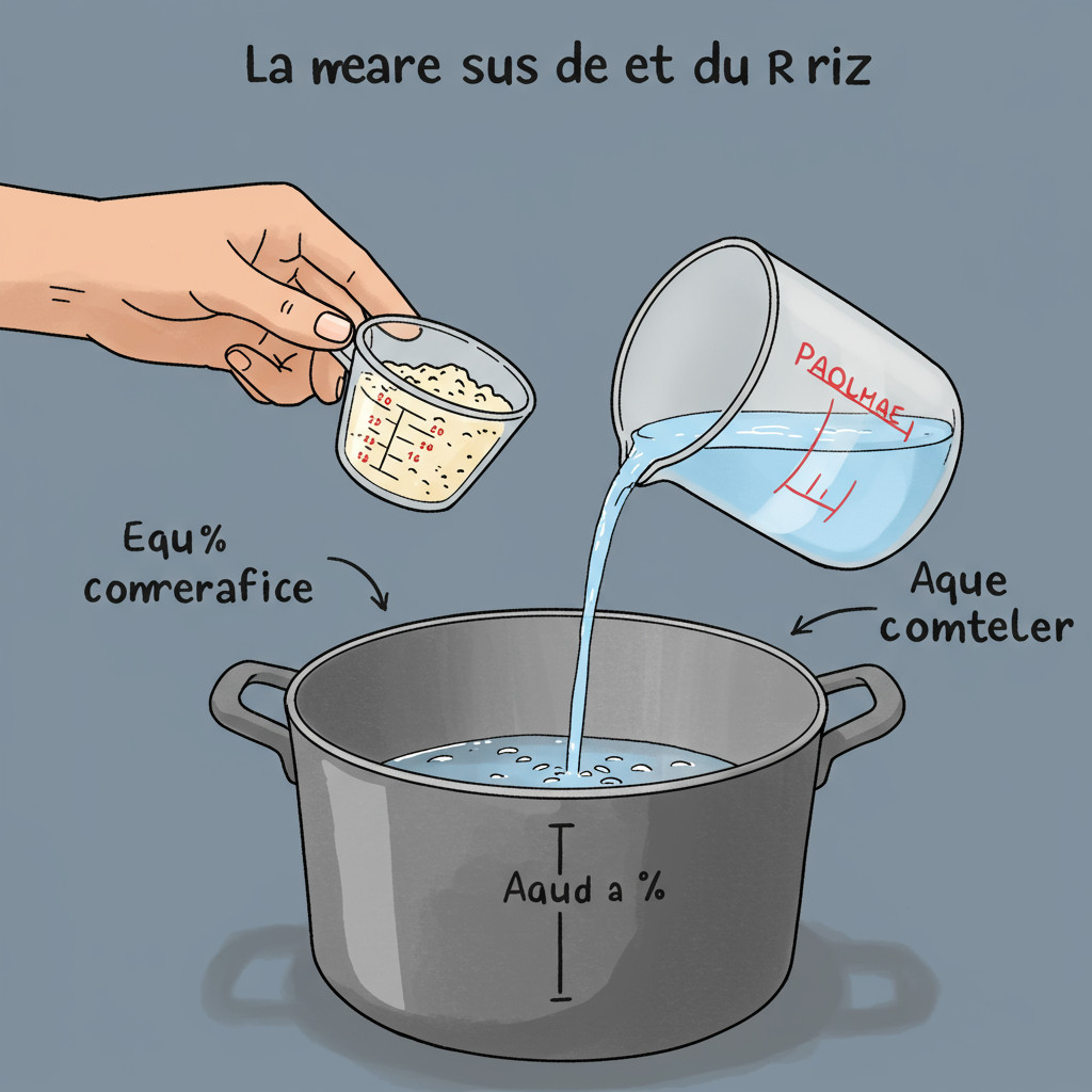 Mesure de l'eau et du riz dans la casserole.