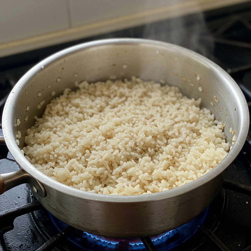 Casserole de riz couverte, en cuisson à feu doux.