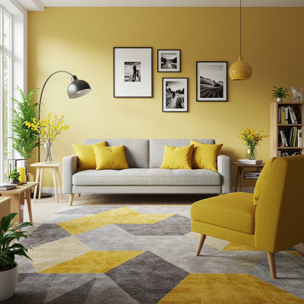 Exemple de décoration intérieure avec des touches de jaune moutarde