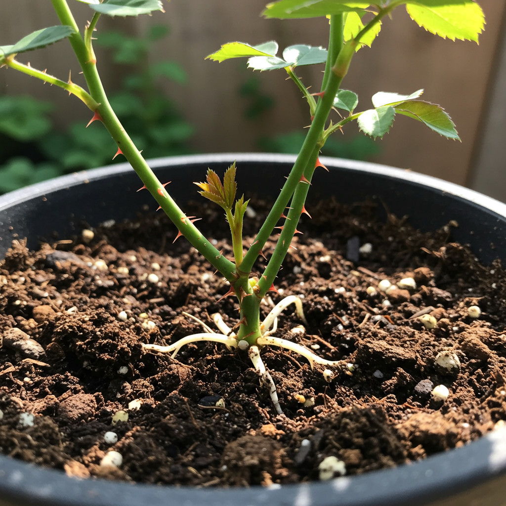 Bouture de rose en cours de croissance