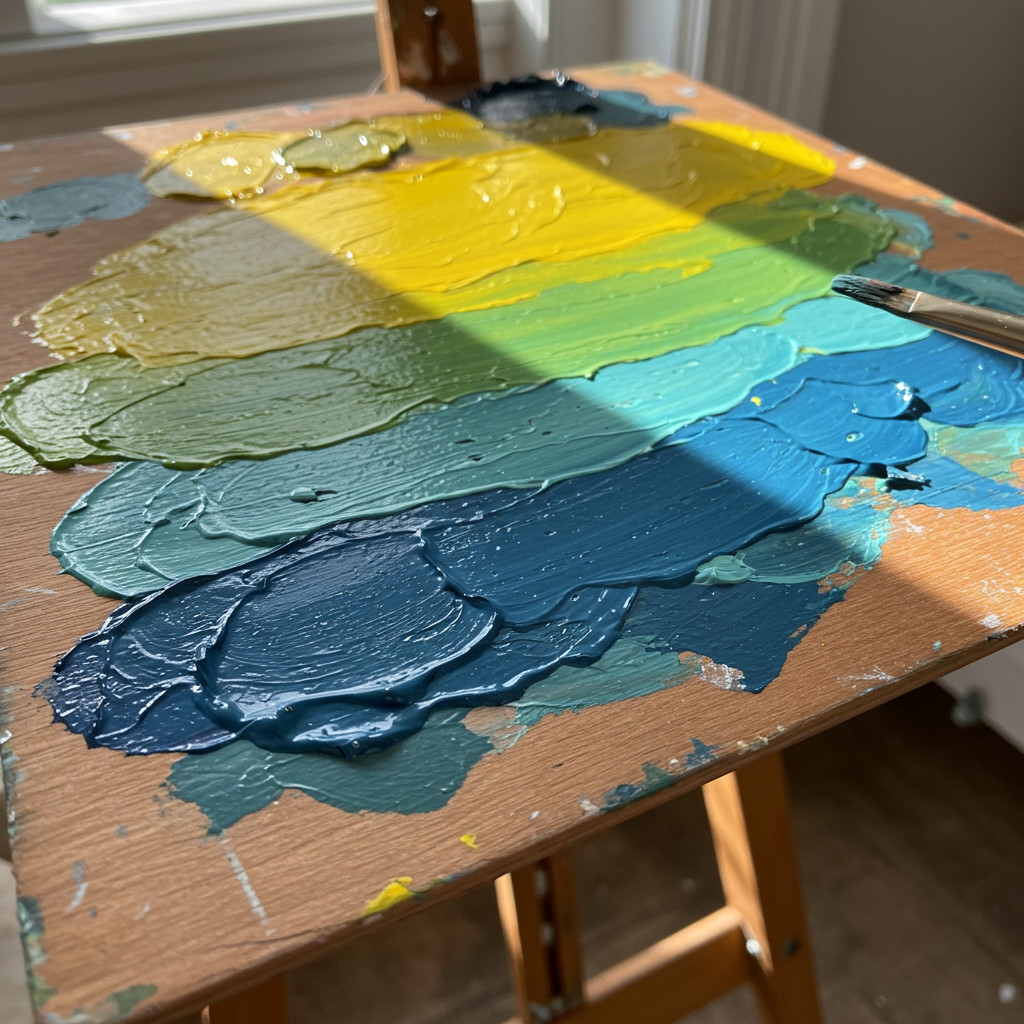 Illustration du mélange de peinture jaune et bleue sur une palette.